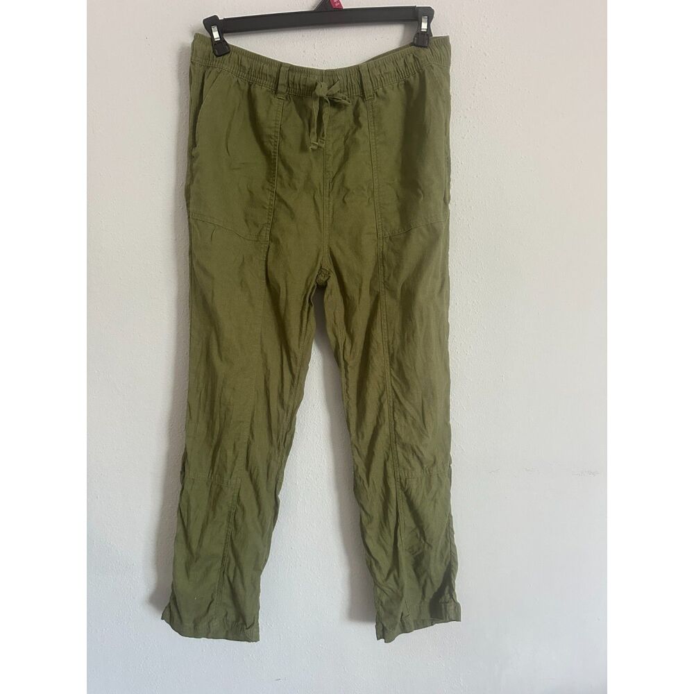 Time and Tru Linen Blend Pants Women M Olive Green Pull On Wide Leg Casual Boho - Picture 6 of 9